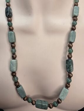 Boho Artisan Necklace 24” Amazonite Jade Tone Stone No Clasp